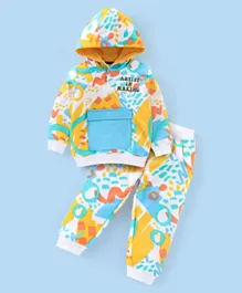 Babyhug 100% Cotton Full Sleeves Hooded T-Shirt & Lounge Pants/Co-ord Set Abstract Print - Blue Yellow & White