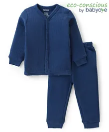 Babyoye Cotton Knit Rib Full Sleeves  Solid Colour Thermal Vest & Pant Set - Navy Blue
