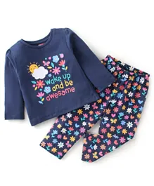 Babyhug Cotton Knit Full Sleeves Night Suit With Floral Print - Navy Blue