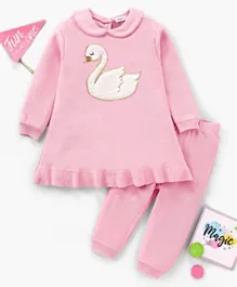 Babyoye Eco Conscious Female 100% Cotton Full Sleeves  Solid Colour With Swan Applique Sweater Set - Pink
