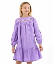 Primo Gino Cotton Full Sleeves Floral Embroidery Detailing on Front Dress - Purple