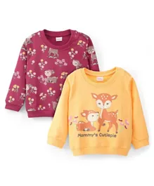 Babyhug 100% Cotton Knit Full Sleeves Sweatshirt With Floral & Deer Graphics Pack Of 2 - Yellow & Maroon