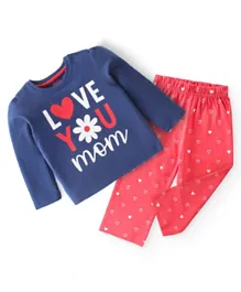 Babyhug Cotton Knit Full Sleeves Night Suit With Text Print - Navy Blue & Red