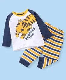 Babyhug Cotton Knit Raglan Sleeves Stripe & Tiger Printed Night Suit - Multicolour