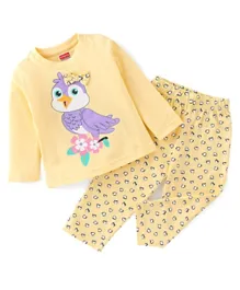 Babyhug Cotton Knit Full Sleeves Owl Printed Night Suit - Yellow