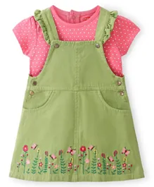 بيبي هاغ - فستان جينز بتطريز زهور مع تيشيرت داخلي - أخضر ووردي
