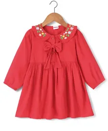بيبي هاغ فستان واحد بأكمام طويلة مطرز بنقوش الزهور من الرايون الفسكوزي - أحمر