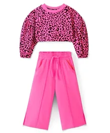Ollington St. Winter Wear Set of Animal Print Cropped Sweatshirt with Knit Pants - Pink