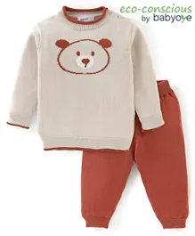 Babyoye 100% Cotton Antarsia Full Sleeves T-Shirt & Lounge Pants Winter Wear Suits Teddy Print - Beige & Brown