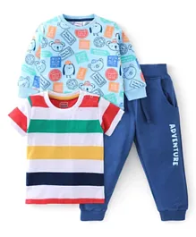 Babyhug 100% Cotton Terry Knit Full Sleeves T-Shirt & Lounge Pant Stripes & Penguin Print - Yellow Red & Blue