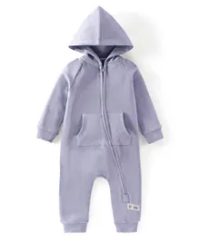 Bonfino Cotton Full Sleeves Front Zip Solid Terry Hooded Sleepsuit - Violet