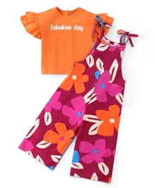 Ollington St. Floral Print Loose-fit Jumpsuit & Half Sleeves Text Print Inner Top Set - Plum & Orange