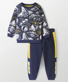 Ollington St. 100% Cotton Full Sleeves Sweatshirt & Lounge Pant With Space Print - Navy Blue