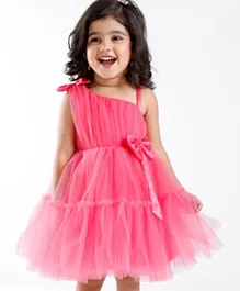 Babyhug Sleeveless Mesh Party Frock with Bow Applique -  Magenta