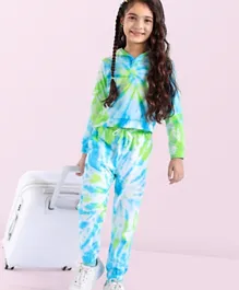 Ollington St. 100% Cotton Knit Full Sleeves Tie Dye Hooded Top & Lounge Pants/Co-ord Set - Green & Blue