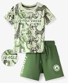 Ollington St. 100% Cotton Knit T-Shirt & Short With Wild Animals Print - Green