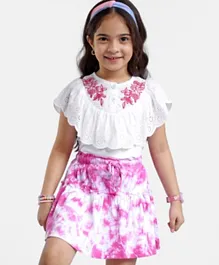 Ollington St. Cotton Knit Frill Sleeves Top & Skirt Set Floral Print & Schifilli Design - White & Pink