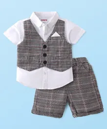 Babyhug 100% Cotton Woven Half Sleeves Checked Shirts with Attached Waistcoat and Shorts Set - White & Grey