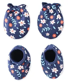 Babyhug 100% Cotton Knit Mittens & Booties Set Floral Print- Blue