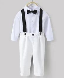 Kookie Kids Solid Shirt & Trousers Set With Suspenders & Bow Tie - White