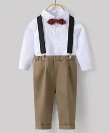 Kookie Kids Solid Shirt & Trousers Set With Suspenders & Bow Tie - White & Brown