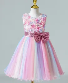 Kookie Kids Flower Applique With Sequin Bow Party Dress - Multicolor