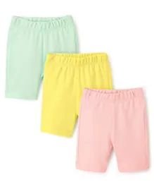 Bonfino 100% Cotton Knit Knee Length Solid Cycling Shorts Pack Of 3 - Blue Yellow & Pink