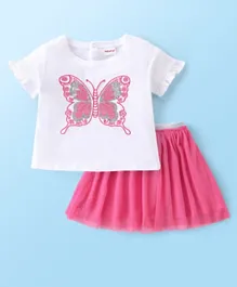 Babyhug Cotton Knit Half Sleeves Top and Skirt with Butterfly Embroidered - White & Pink