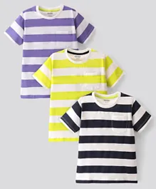 Primo Gino 100% Cotton Knit Half Sleeves Striped T Shirts Pack of 3 - Purple Green & Navy Blue