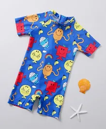 SAPS All Over Cartoon Printed Quick Drying Legged Swimsuit - Blue