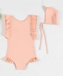 SAPS Solid Quick Drying Frilled V Cut Swimsuit - Pink