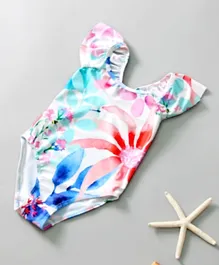 سابس - بدلة سباحة بطبعة زهور سريعة الجفاف على شكل حرف V - أبيض/وردي/أزرق