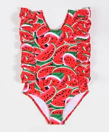 سابس - ملابس سباحة مكشكشة على شكل حرف V سريعة الجفاف بطباعة البطيخ - أحمر