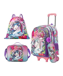 Eazy Kids Unicorn School Bag Trolley with Lunch Bag & Activity Bag & Pencil Case - Pink
