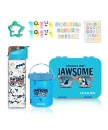 Eazy Kids - 6/4 Compartment Bento Lunch Box w/ 2in1 Tritan Water Bottle and Steel Food Jar Jawsome - Blue