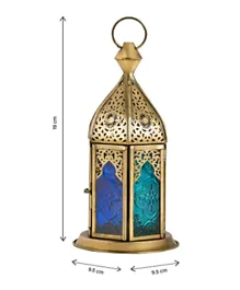 Hilalful - Blue Chic Short Brass Antique Lantern - Blue Turquoise Duo Glass