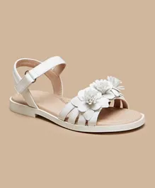 Little Missy Floral Applique Sandals with Hook and Loop Closure - White