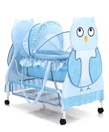 بيبي هاغ - سرير أطفال متأرجح بطبعة بومة مع ناموسية وعجلات - أزرق