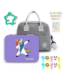 Eazy Kids - Unicorn Purple 6 Compartment Bento Lunch Box w/ Lunch Bag - Grey