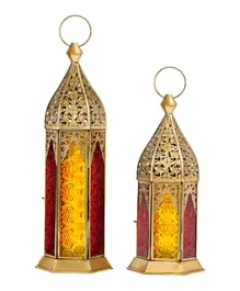 Hilalful - Duo Brass Antique Lanterns - Yellow/Red Color Glass (Set Of 2)