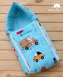 Babyhug Zipper Sleeping Bag Cars Print - Sky Blue