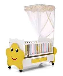 Babyhug Lucky Star Wooden Cradle with Wheels - Yellow White