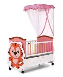 بيبي هاغ - سرير خشبي متأرجح بعجلات باللونين الوردي والأبيض بتصميم نمر