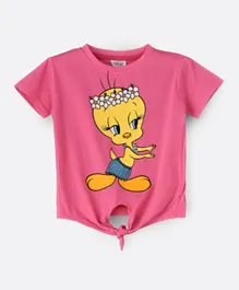 Warner Bros Tweety Front Knotted Top - Pink