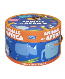 ساسي - كتاب حيوانات أفريقيا وأحجية عملاقة من صندوق  المستدير مكون من 30 قطعة، متعدد الألوان