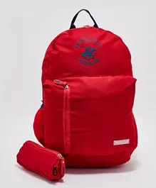 بيفرلي هيلز بولو كلوب - حقيبة ظهر بتفاصيل الشعار مع حافظة أقلام - أحمر 18 بوصة