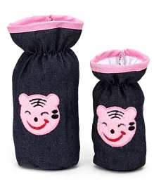 Babyhug Bottle Cover Denim Animal Face Motif Set of 2 - Navy Blue And Pink