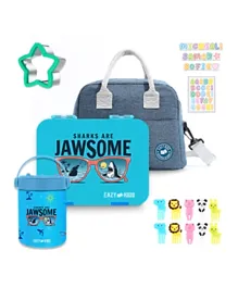 Eazy Kids - 6/4 Compartment Bento Lunch Box w/ Lunch Bag and Steel Food Jar Jawsome - Blue