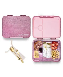 Eazy Kids 6 & 4 Convertible Bento Lunch Box with  Spoon & Fork Set - Glitter Pink