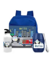 Essmak Emergency Vehicles Personalized Thermos and Backpack Set Blue - 11 Inches